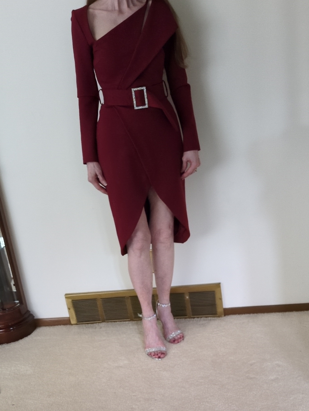 LavishAlice Asymmetric Burgundy Mini Dress Rhinestone Buckle